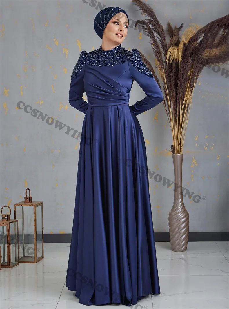 

customizable Appliques Long Sleeve Muslim Evening Dresses Formal Party Gown High Neck Hijab Arabic Kaftan Robe De Soiree