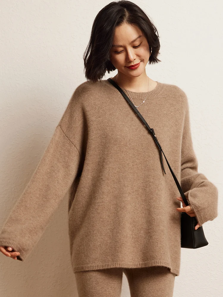 

100% Cashmere Sweater Women O-Neck Pullover Spring Autumn Winter Loose Dropping Sleeve Soft Goat Cashmere Knitted Clothes Tops