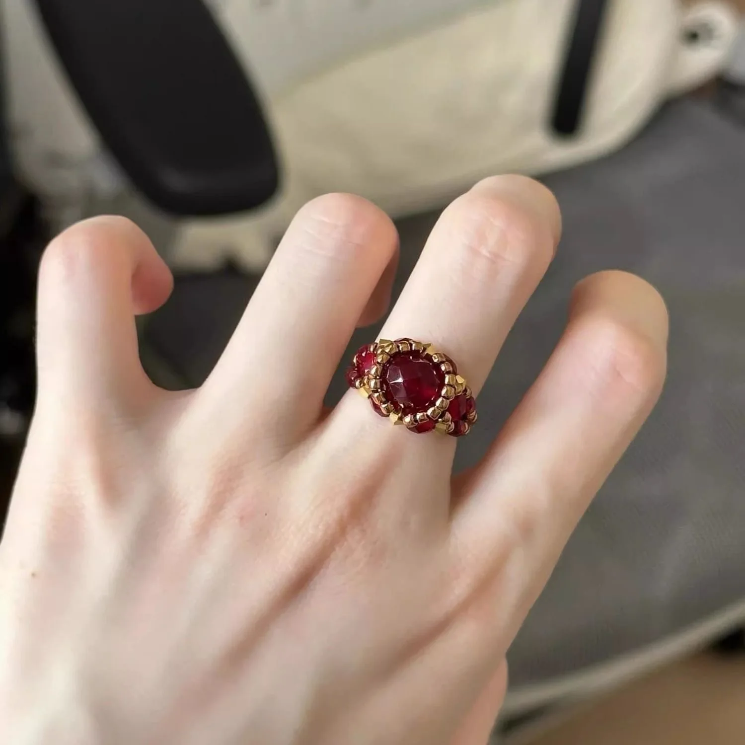 

Wine Red Handmade Bead Ring Personalized French Retro Simple Zircon Fashionable High-end And Fashionable Ring For Women