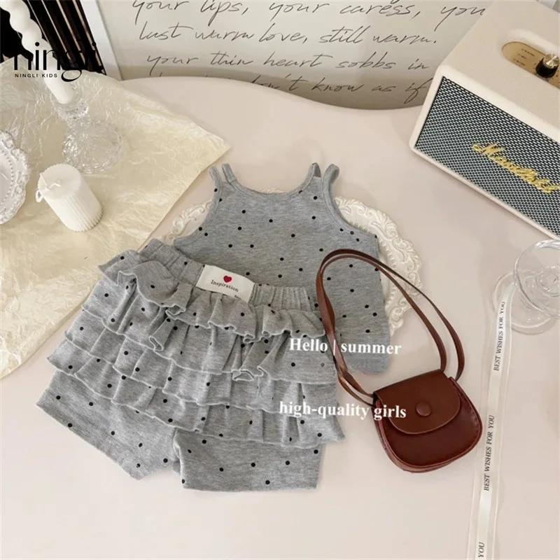 

Children's Clothing Girls' Summer Suits New Western Style Children's Gray Sun-Top Vest Internet Celebrity Fried Street Polka Dot