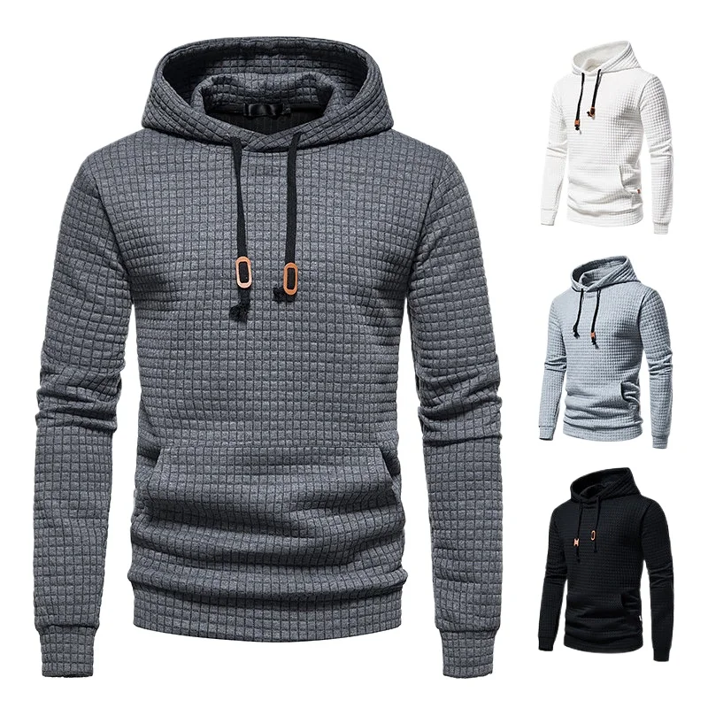 

New Spring Autumn Men's Hoodies Jacquard Plaid Quilted Cotton Hooded Pullover Fabric Casual Slim Hooded Hoody Sweatshirt