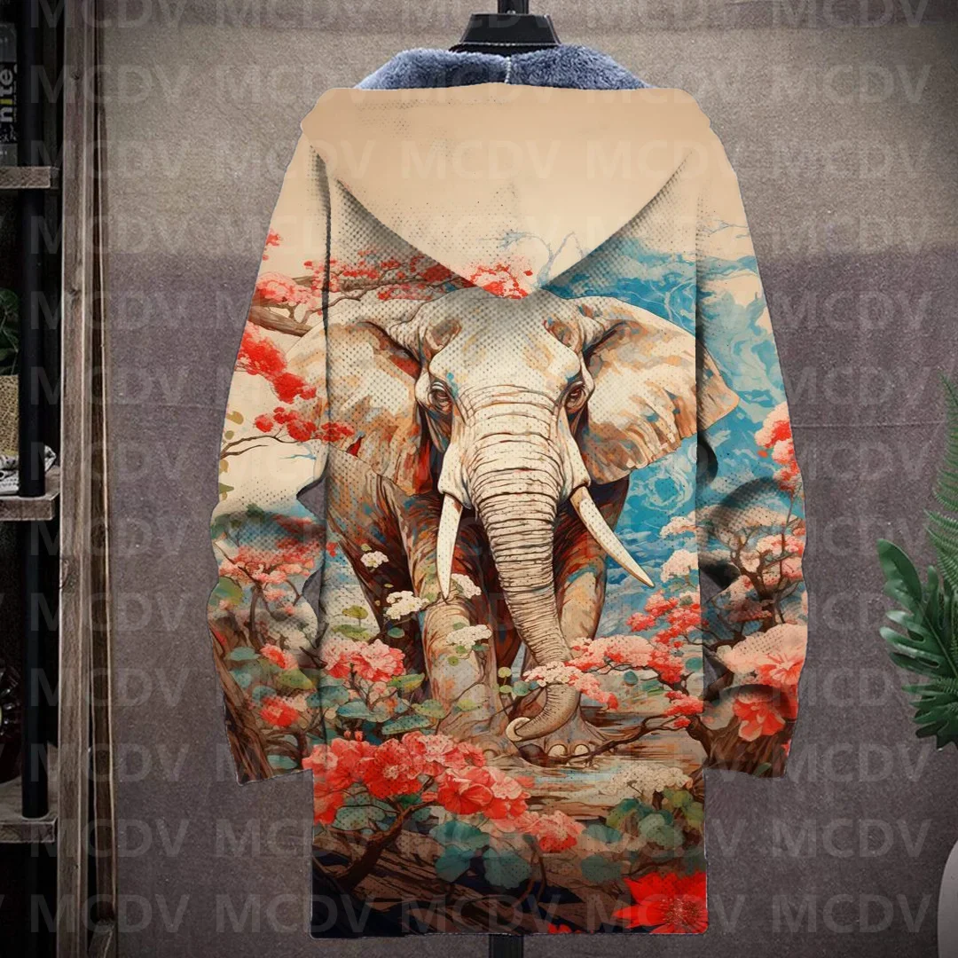 Men's Retro Print Plush Thick Long-Sleeved Coat Cardigan Elephant 3D Prined Fleece Hooded Overcoat Unisex Thick Warm Jacket