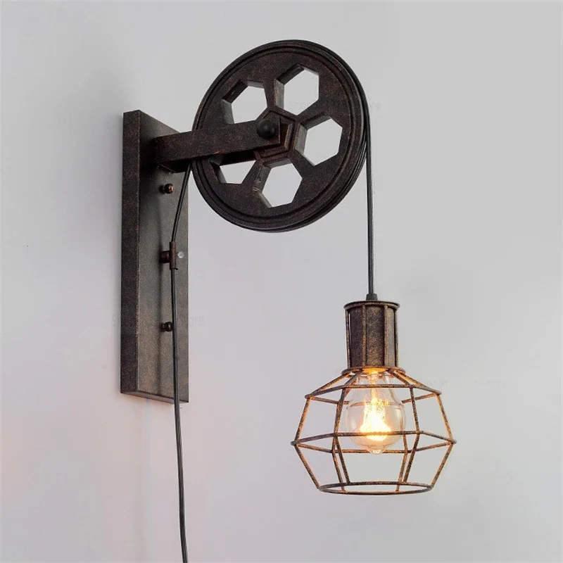 Retro Wrought Iron Pulley Wall Lamps for Home Bedroom Light Living Room Decoration Lighting Fixture Bedroom Wall Sconce Lamp E27