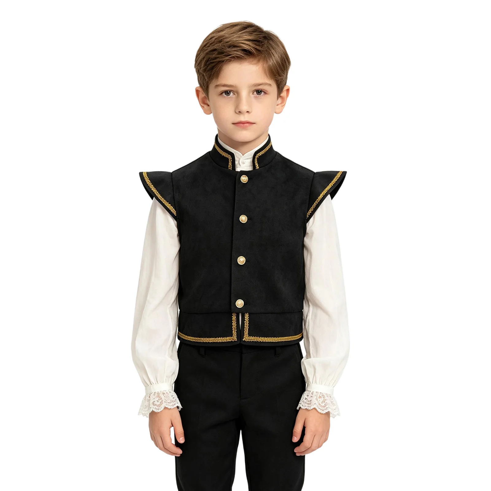 Kids Boys Medieval Renaissance Costume Prince Faux Suede Waistcoat Cap Sleeve Button Gold Trim Vest  for Halloween Theme Party view 2