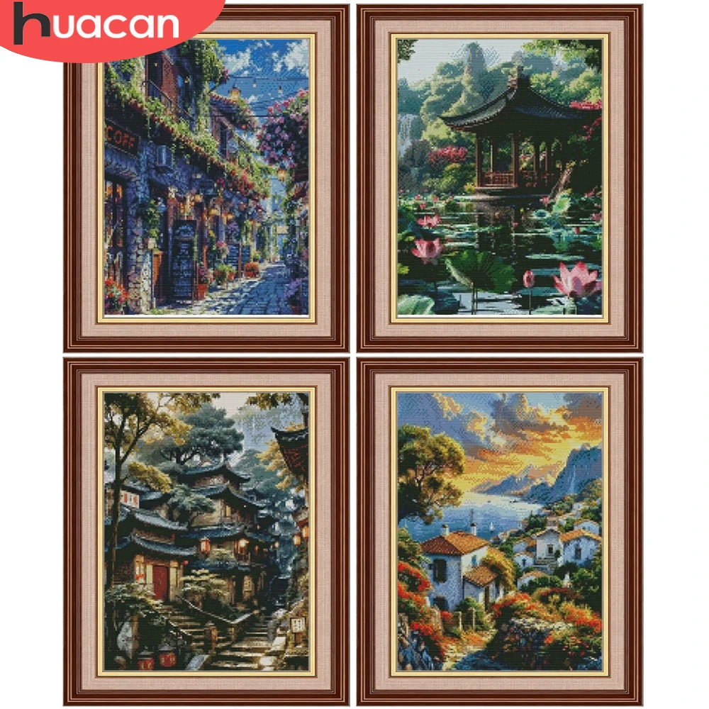 HUACAN Stickerei-Sets Hausgebäude Landschaft 11CT Bedrucktes Kreuzstich-Set Handarbeiten Näharbeiten DIY Geschenk DIY