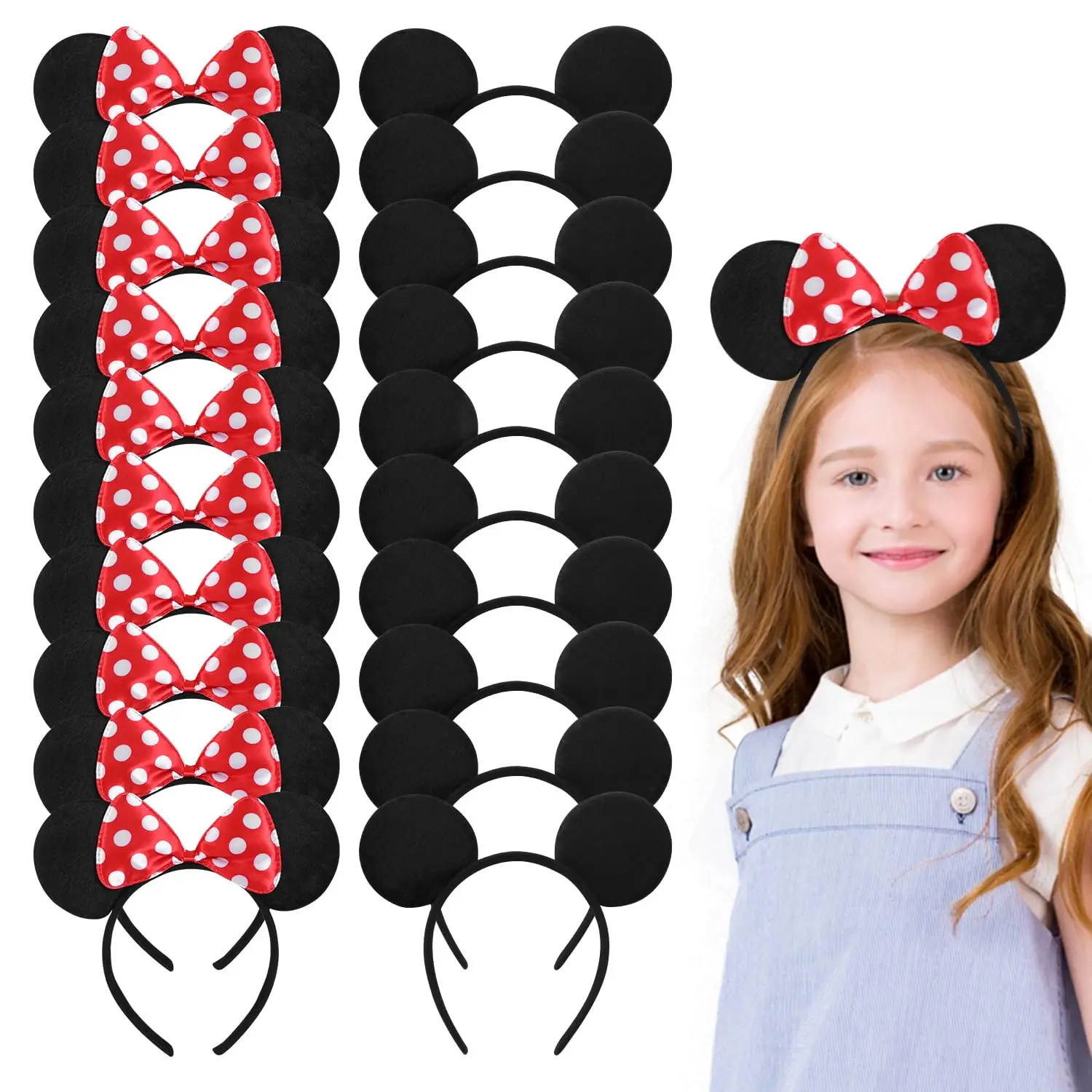 12 pieces of Mickey Minnie ears Pure black and red and pink Disney bow ear headband mouse theme birthday party Gift supplies