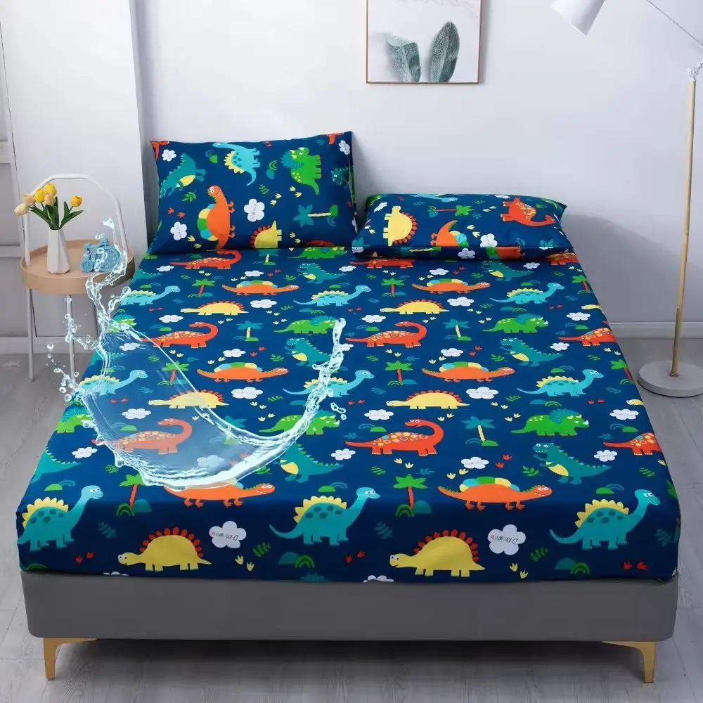 1 Piece Waterproof Bedsheet Cartoon Dinosaur Pattern Fitted Sheet,Breathable Bedding (Excluding Pillowcase)Soft Bed Cover