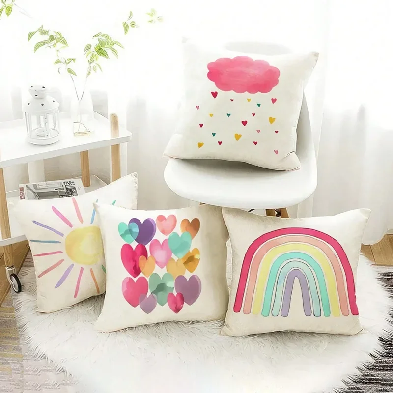 Funda de almohada decorativa súper suave con forma de corazón, arcoíris, sol, coche, tienda de ropa, hogar, dormitorio, funda de