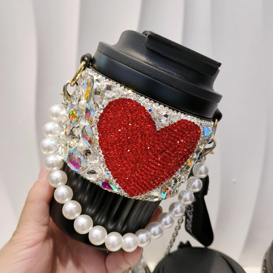 Love Heart Diamond Thermos Mug Hand-inlaid Rhinestones Pearl Chain Handheld Stainless Steel Vacuum Flask Coffee Water Bottles