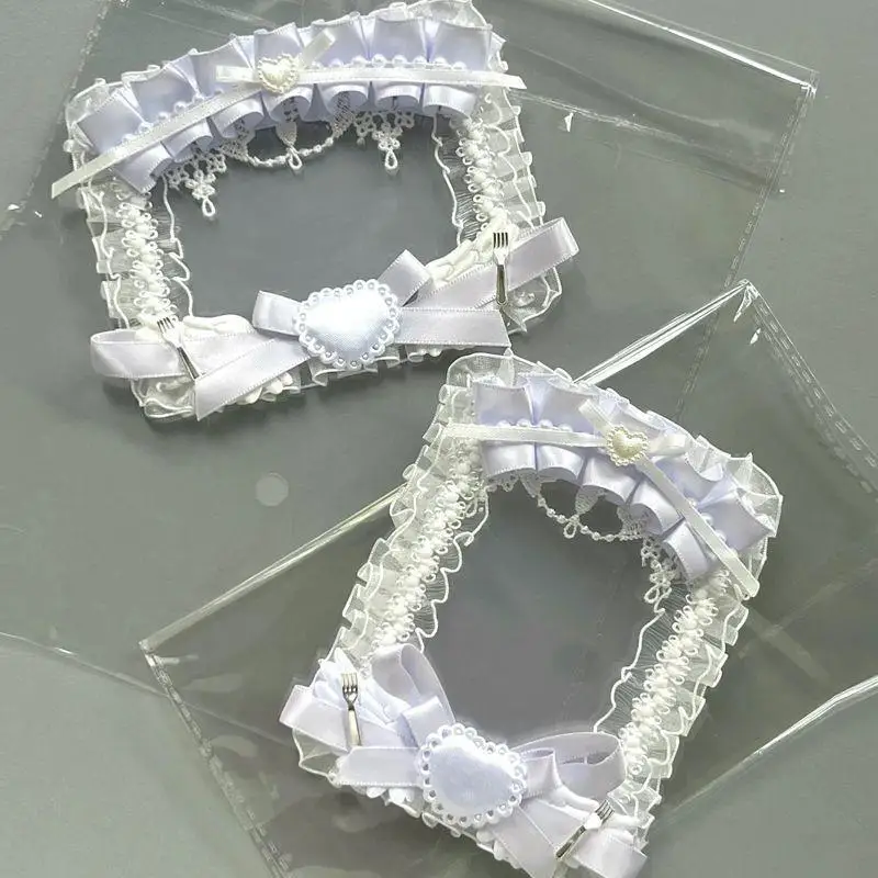 1Pc White Square Photocard Holder Card Brick Anime Cartoon Game Character DIY Plush Ribbon Lace Case Lolita Idol