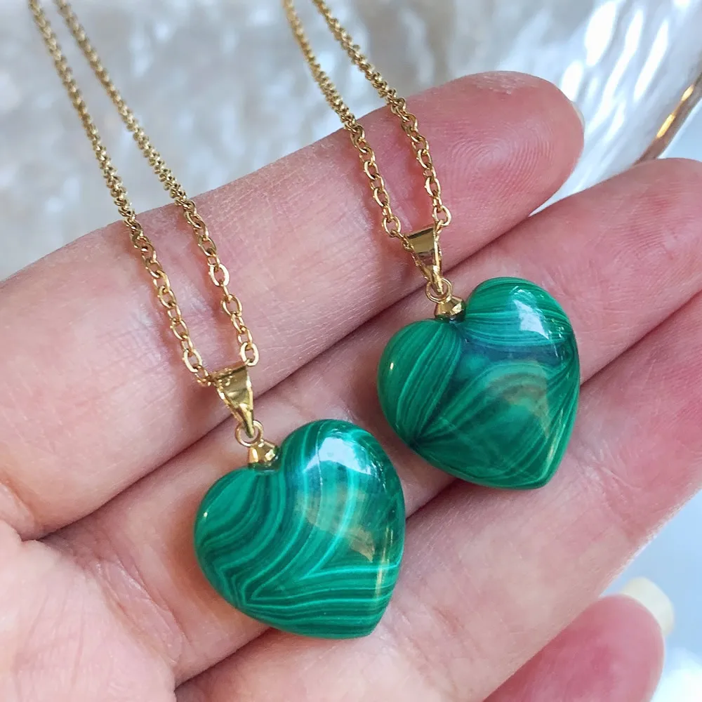 Real Natural Malachite Stone Pendant Necklace Healing Green Stone Heart Shaped Pendulum Charm Stainless Steel Chain Women Choker