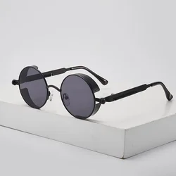 2025 Gafas de sol rojas Steampunk personalizadas para hombre, gafas de sol redondas de aleación Punk de Metal, gafas Uv400, gafas de sol de estilo gótico