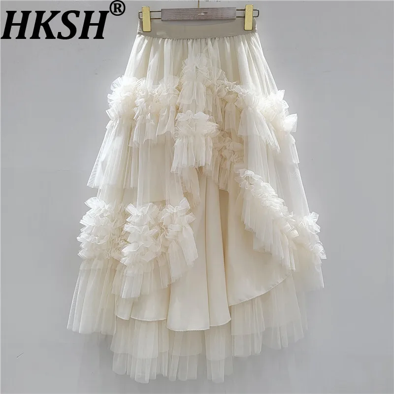 

HKSH Summer New Women Trendy Sweet Skirt Heavy Craft Irregular Mesh Ruffles Pleated Asymmetric A-line Elegant Puff Skirts HK9003
