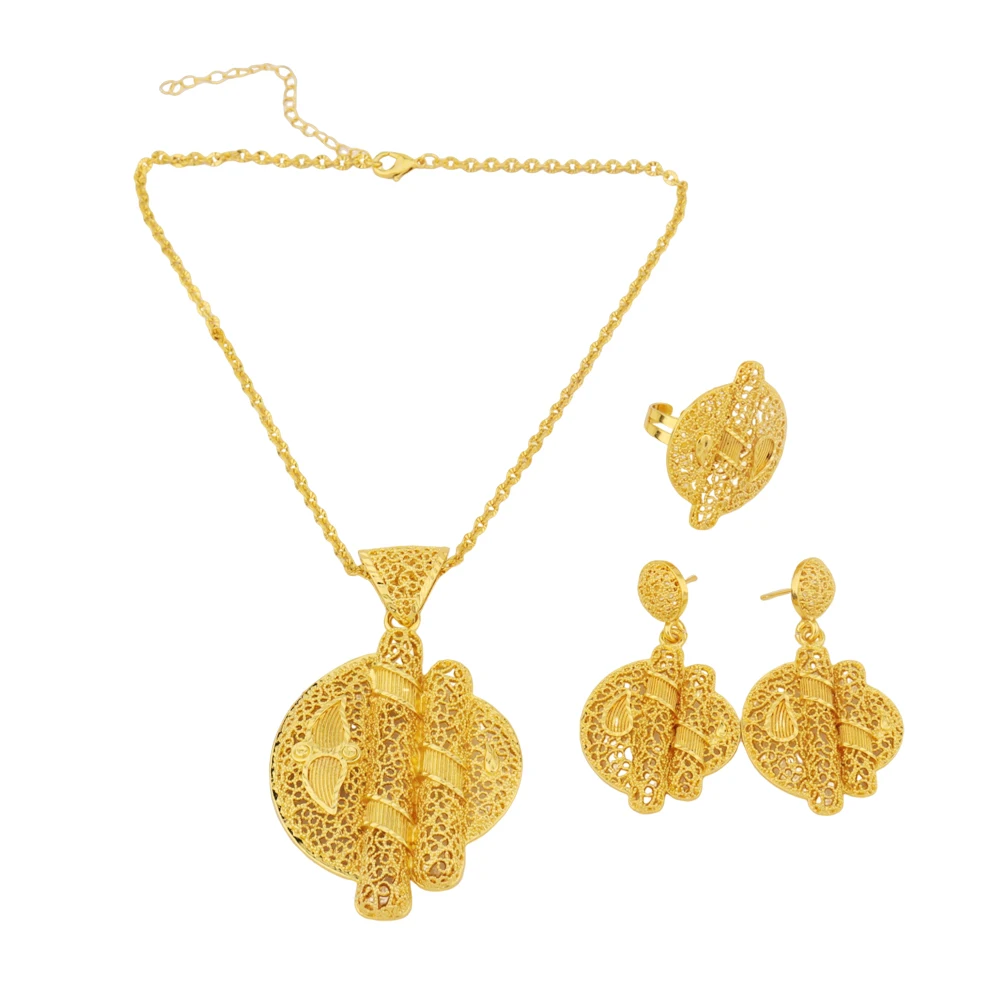 

Dubai Costume Gold Plated Floral Jewelry Set Necklace Earrings Combo Women Bridal Party Accessories