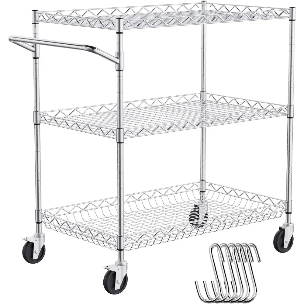 

3-Tier Rolling Kitchen Cart with Adjustable Shelves, 661 LBS Capacity, Wheels and Hooks for Storage