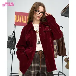 ELFSACK 2024 Winter New Arrivals Vintage burgundy corduroy shirt jacket for women