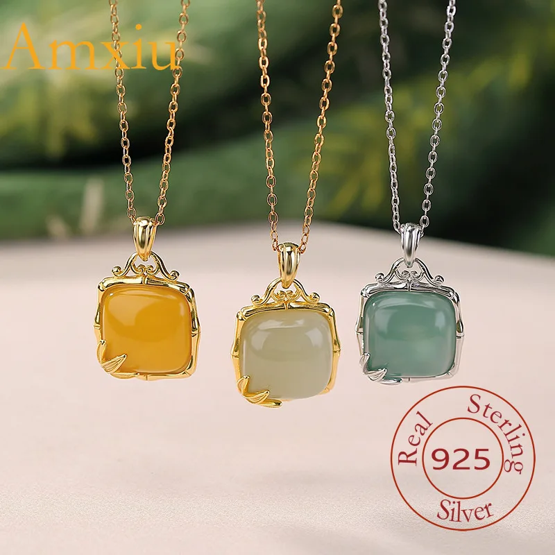 

Amxiu Стерлингового Серебра 925 Синяя Вода S Чистое Серебро Hetian Зеленый Нефрит Янтарный Узел Бамбуковый Лист Квадратный Подвеска Ruyi