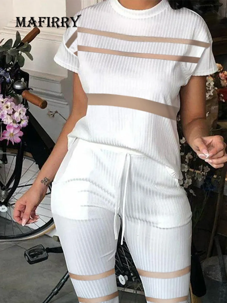 

Summer Women Simple 2 Piece Suits Printing Casual O-Neck Pencil Pants Drawstring Ladies Matching Set Holiday Sportswear Outfit