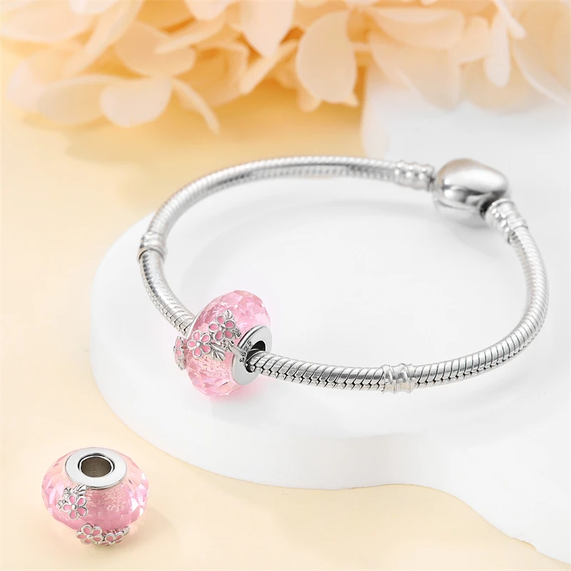 925 Sterling Silver Pink Flower Glass Charms Beads For Women Fit Original Bracelet DIY Birthday Party Jewelry Gifts