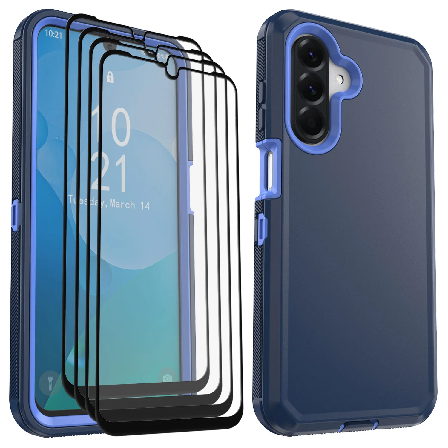 

Темно-синий чехол для Samsung Galaxy A17 5G, противоударный гибридный 3-слойный чехол с 4 шт., прозрачные защитные пленки из закаленного стекла