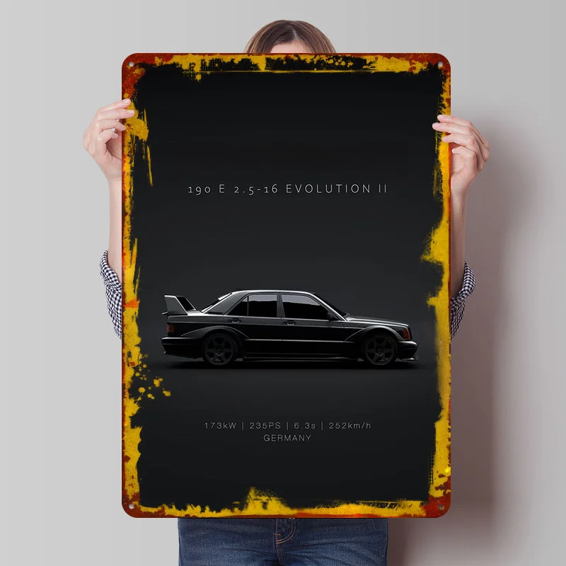 German Car Benz 190E Evo II Metal Poster Customized Wall Art Retro Vintage Metal Signs for Man Cave Room Decorating Interior