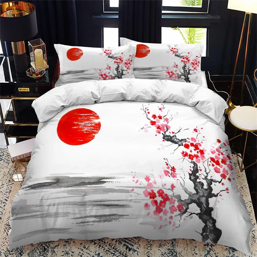 Japanese-Style Duvet Cover Set King Queen Full Size Ukiyo-e Theme Wave Pattern Polyester Bedding Set Fuji Mountain Exotic Style