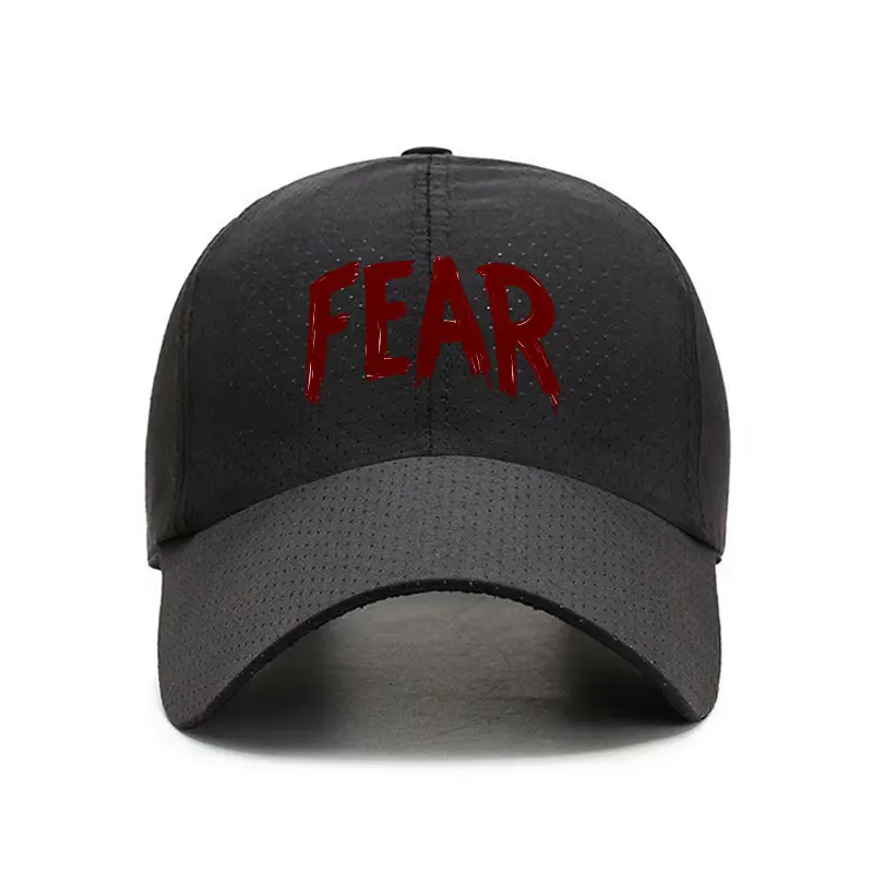Fear Letter Graphic Quick Dry Baseball Cap Black Breathable Hat for Outdoor Sports and Casual Wear