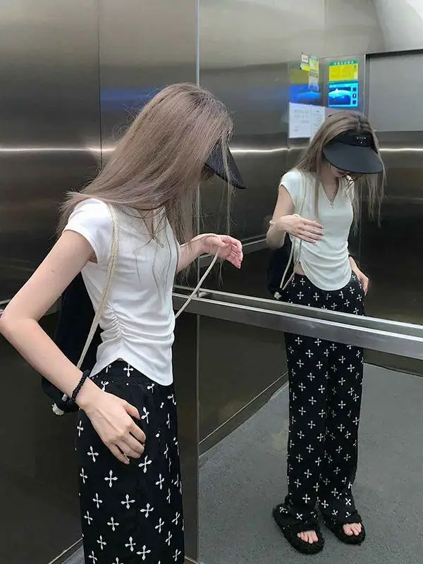 

Женские летние брюки с высокой талией, широкими штанинами, прямым кроем, свободные, повседневные, с принтом, универсальные, комфортные