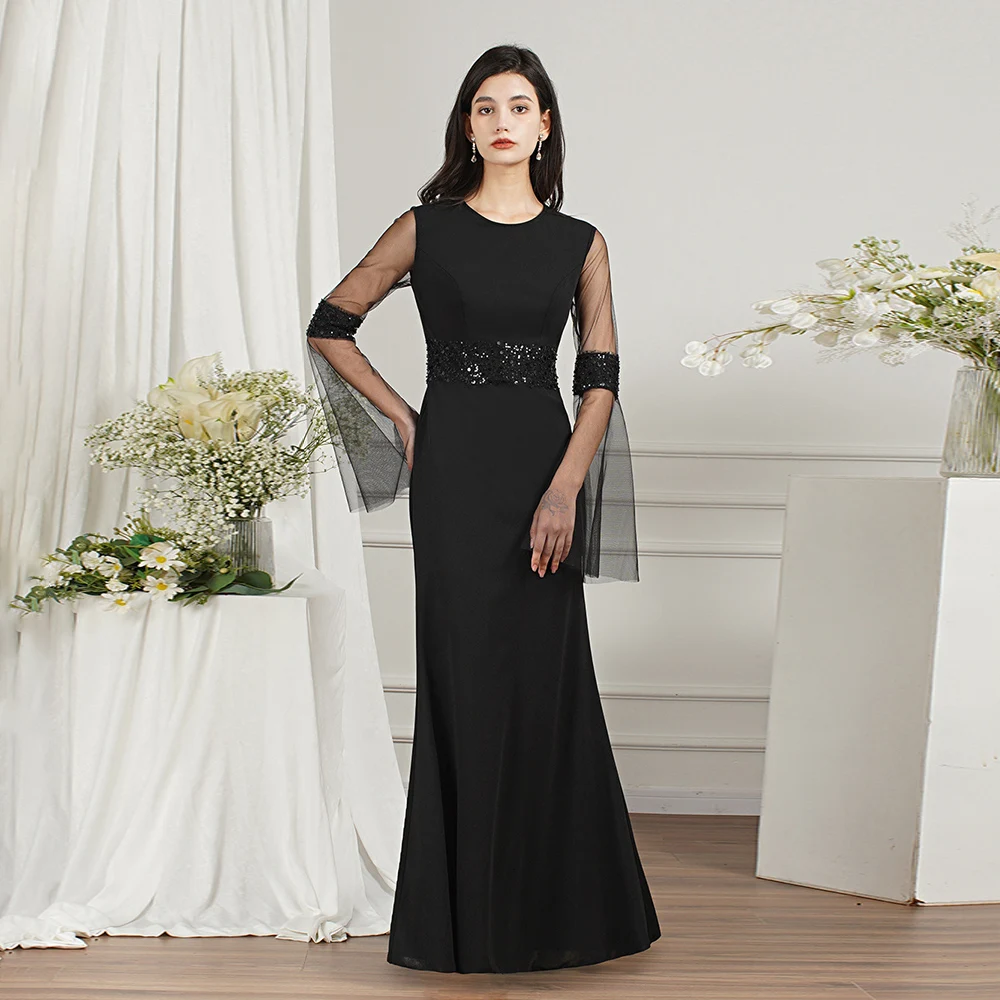 

Flare Sleeve Black Evening Dress Beading Round Neck Sequin Illusion See Through Sheath Formal Evening Gown Long Floor Length