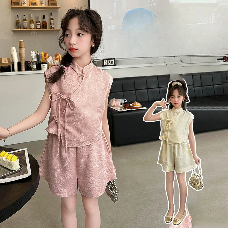 Girls Suits Chinese Style Jacquard Summer Set 2024 New Children New Chinese Lace-up Sleeveless Shorts Two-piece Set Clothes