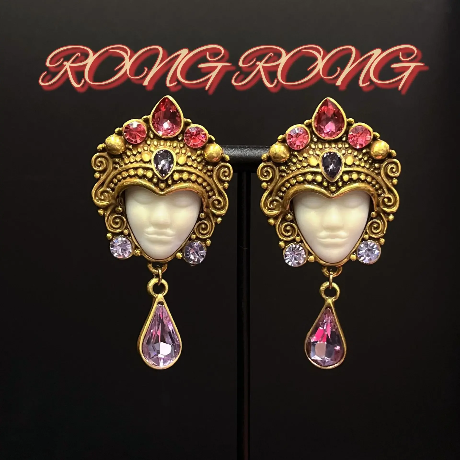 Vintage Handmade Retro Buddha Face Statue Heavy Earrings European and American Exaggerated Personality Palace Portrait Earrings
