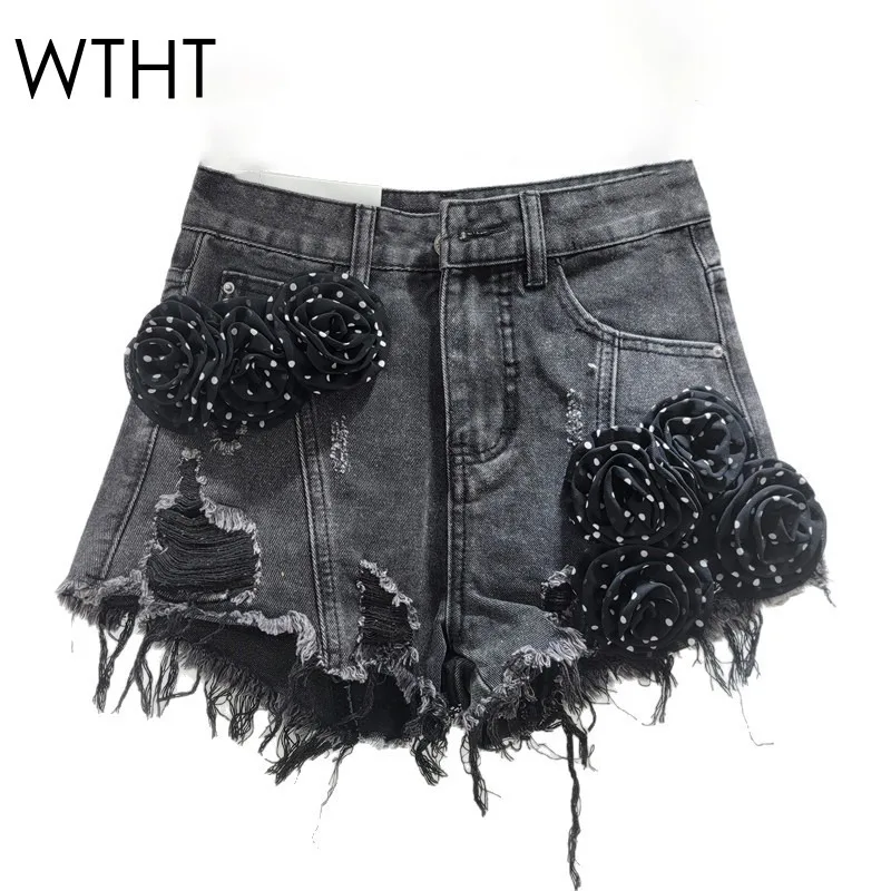 

WTHT модные новые женские джинсовые шорты со сращенными 3D цветочными заусенцами, лето 2022, модные короткие брюки трапециевидной формы с высокой талией, женские 1LS1979