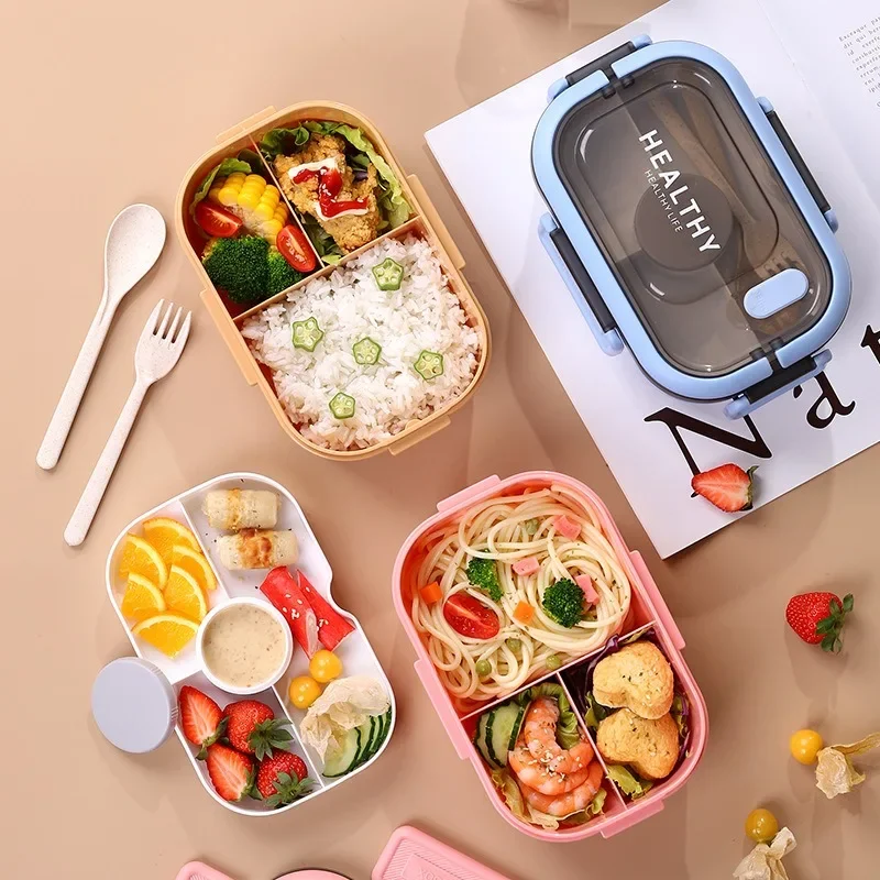 1200ML Double Layer Large Capacity Lunch Box with Fork Spoon Sauce Box Portable Compartment Salad Fruit Food Box Picnic Crisper