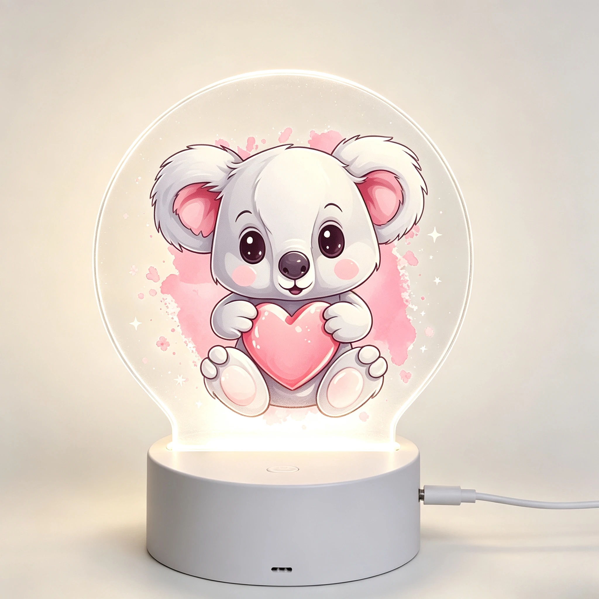Cute Koala Holding Pink Heart Acrylic 3D Night Light Bedroom Decor Lamp