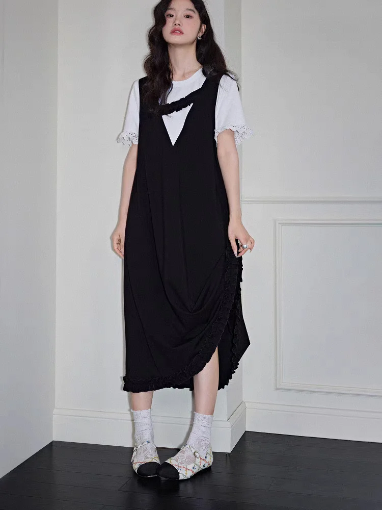 Été faux deux pièces Dr ort Sve t-shirt jupe gilet femmes ensemble complet nouveau Sle banlieue vent l taille Dr