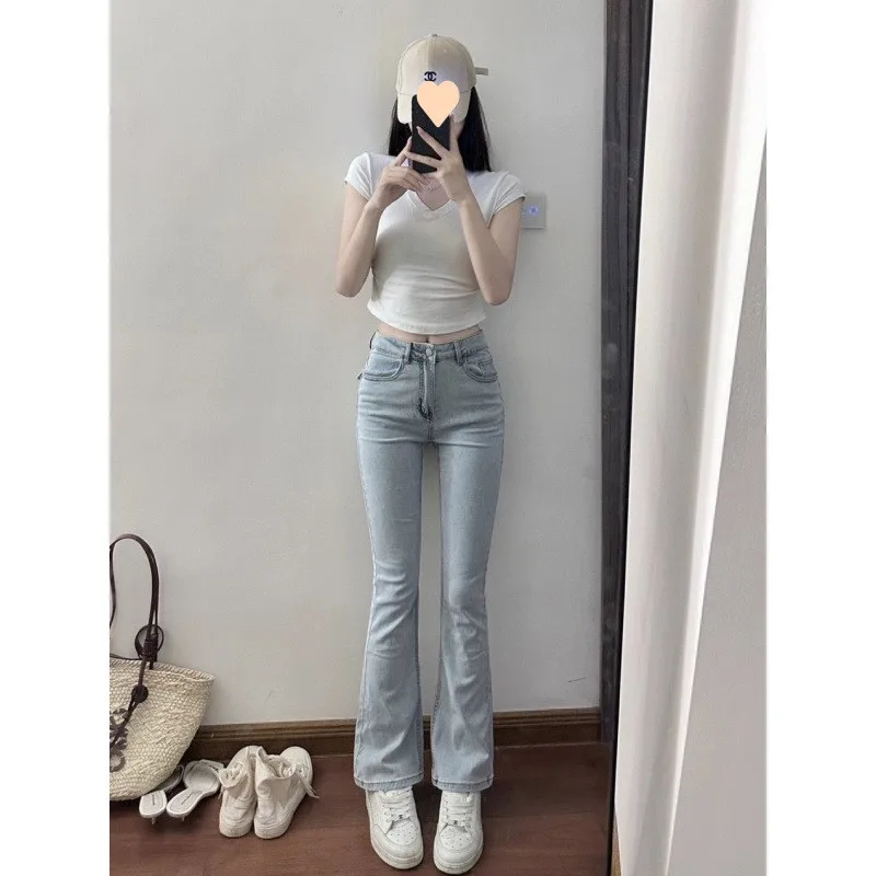 

Женские летние тонкие джинсы-клеш с высокой талией, эластичные, облегающие, винтажные, в американском стиле, с эффектом подтяжки бедер