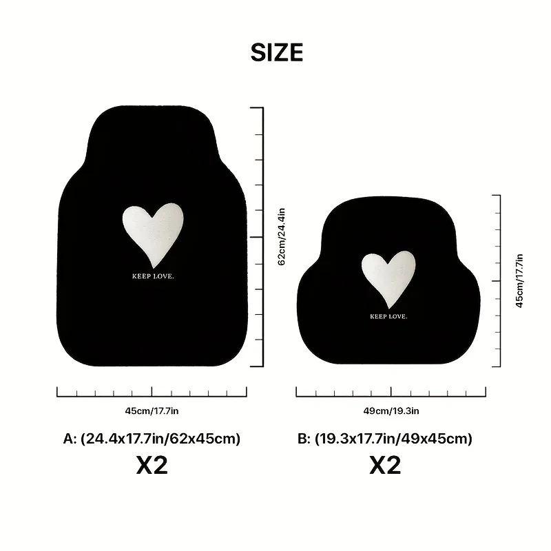 4pcs Black And White Heart Pattern Car Floor Mats Set - Anti-slip, All Season Polyester Vehicle Mats For Cars And SUVs - Perfect