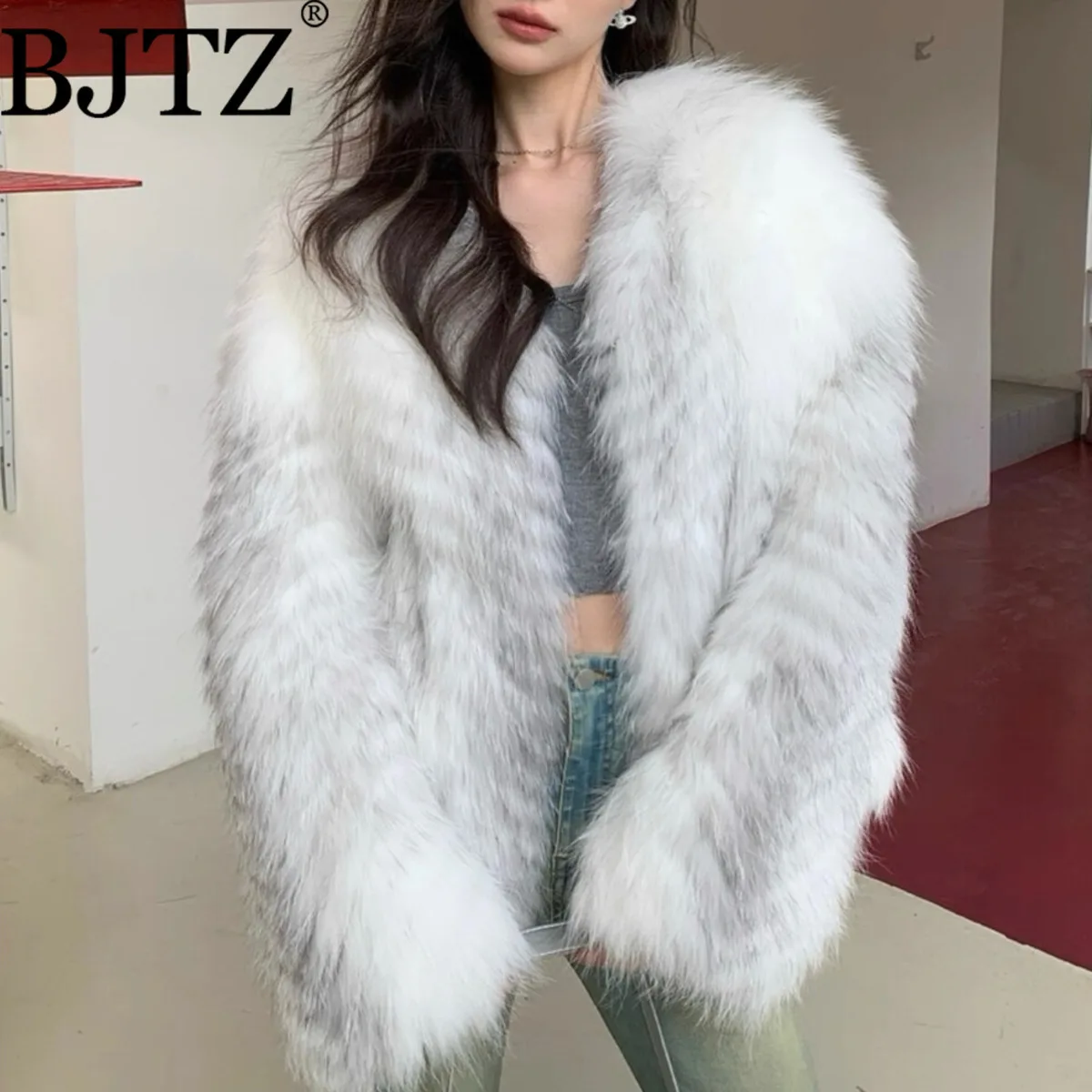 BKTZ Cappotto di pelliccia da donna Designer vintage di media lunghezza con scollo a V Tie-Dye Elegante ufficio minimalista Caldo lusso 2025 Autunno Inverno