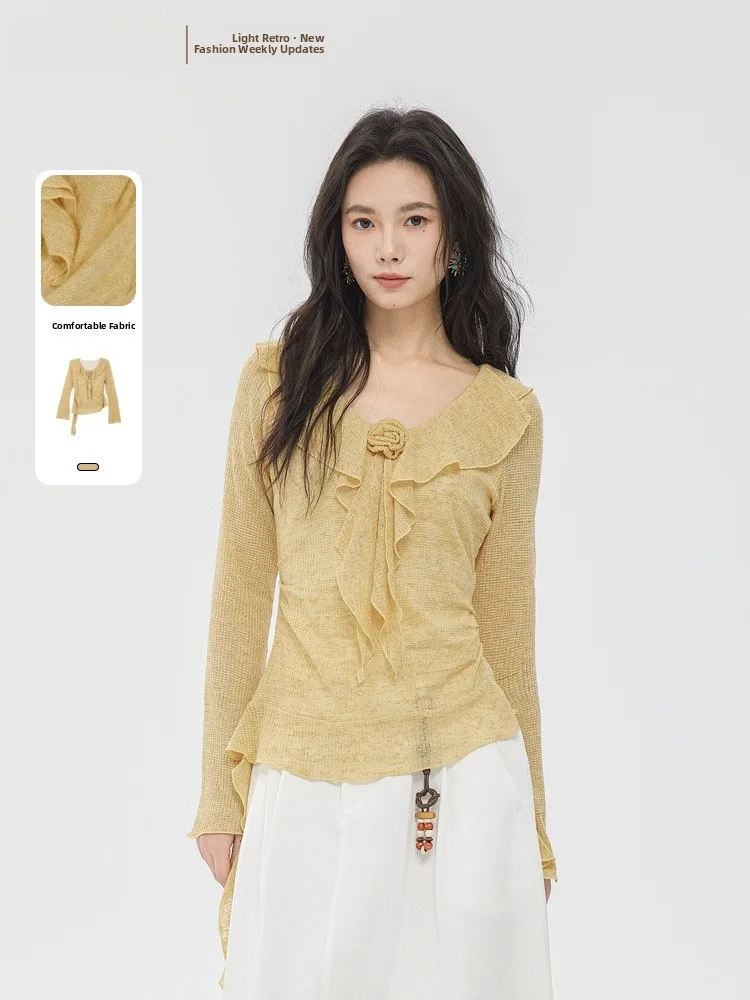 

Faionable Lazy Knitted Sweater Ele Sle Long Sve V-Ne Regular Fit Polyester Blend Casual Wear Spring 2026