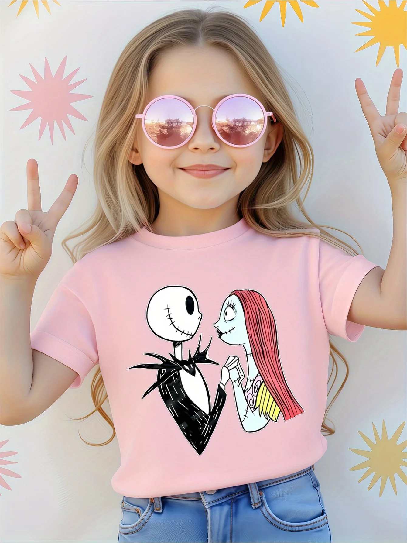 

Disney Jack & Sally Graphic Printed T-shirt Girl Happy Play Top Suitable for Mother and Daughter Round Neck Short Sleeves