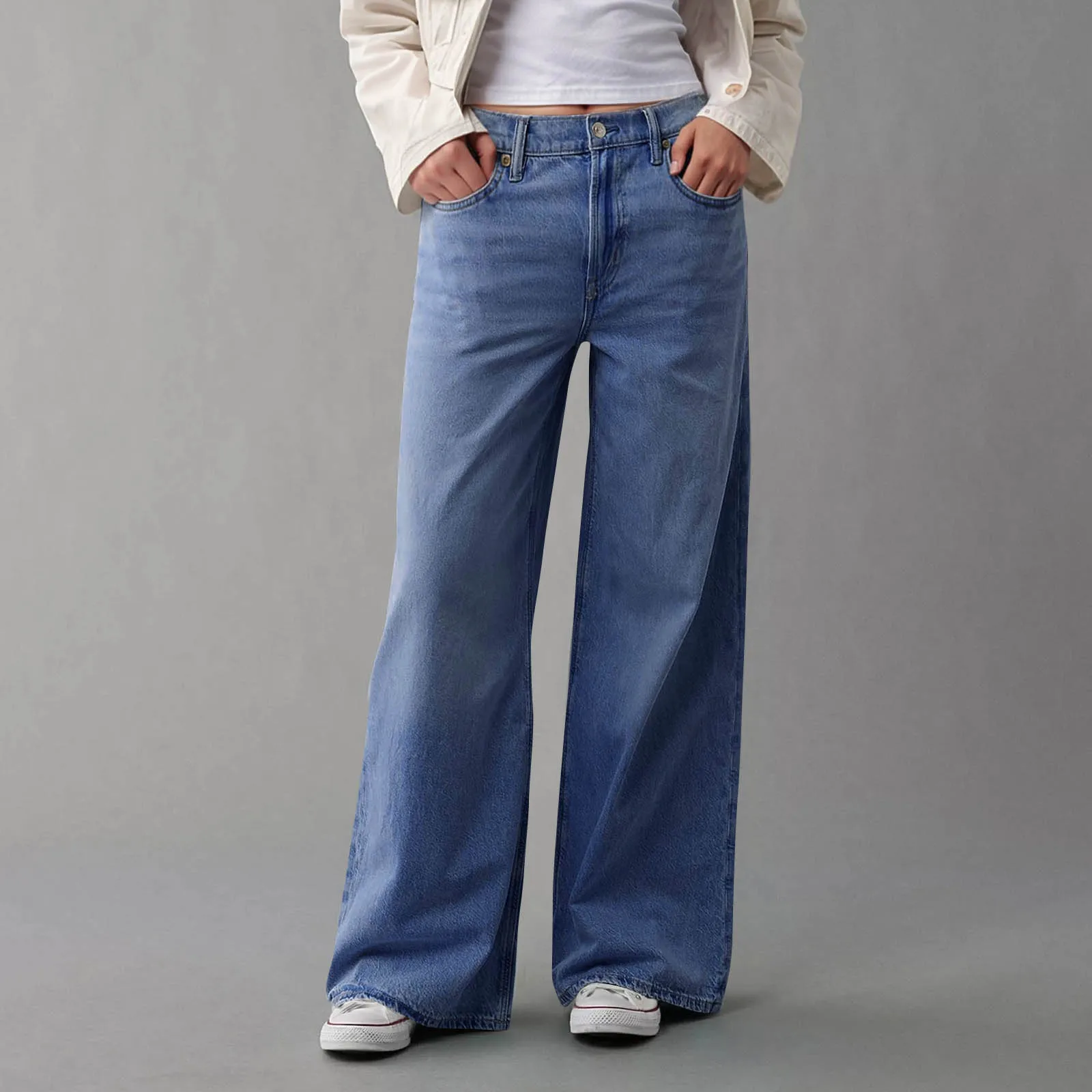 

Свободные широкие повседневные джинсы, женские универсальные длинные джинсы из смеси хлопка с высокой талией, весенне-осенняя одежда для молодых женщин