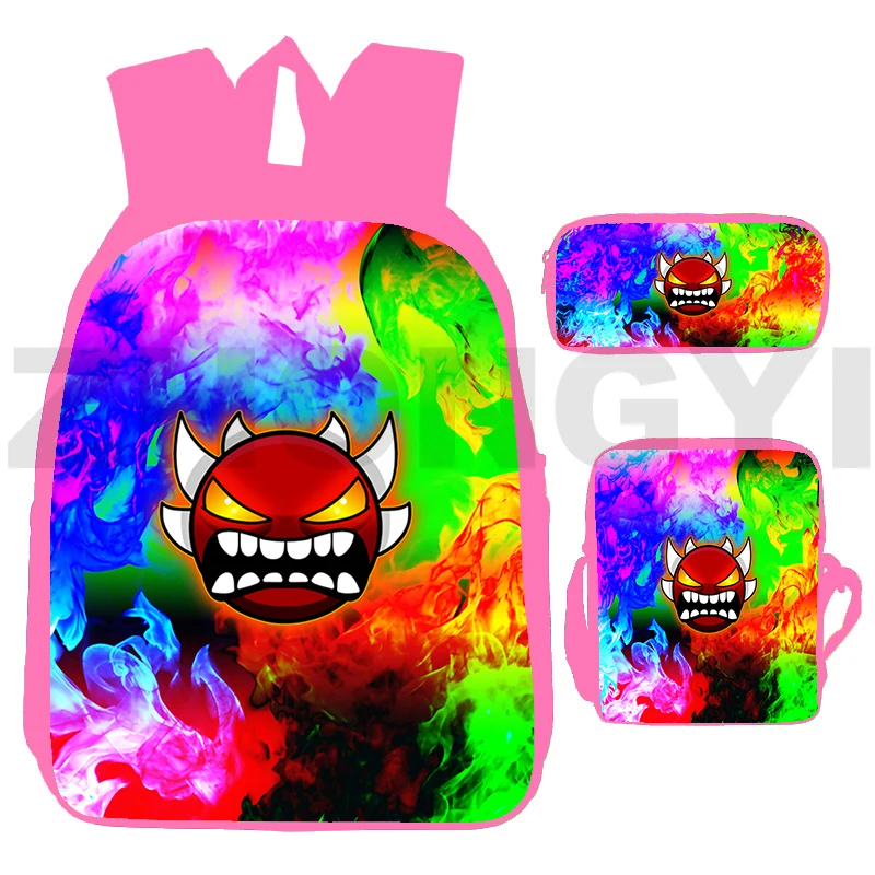 Trendy Style Angry Geometry Dash Game Schoolbags Women Nylon Shoulder Back Pack 3D Cartoon Printing Bookbag for Students Pen Box