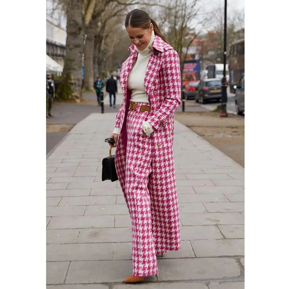 Fashion Pink Houndstooth Women Blazer Peak Lapel Formal Casual Prom Party Lengthening Coat