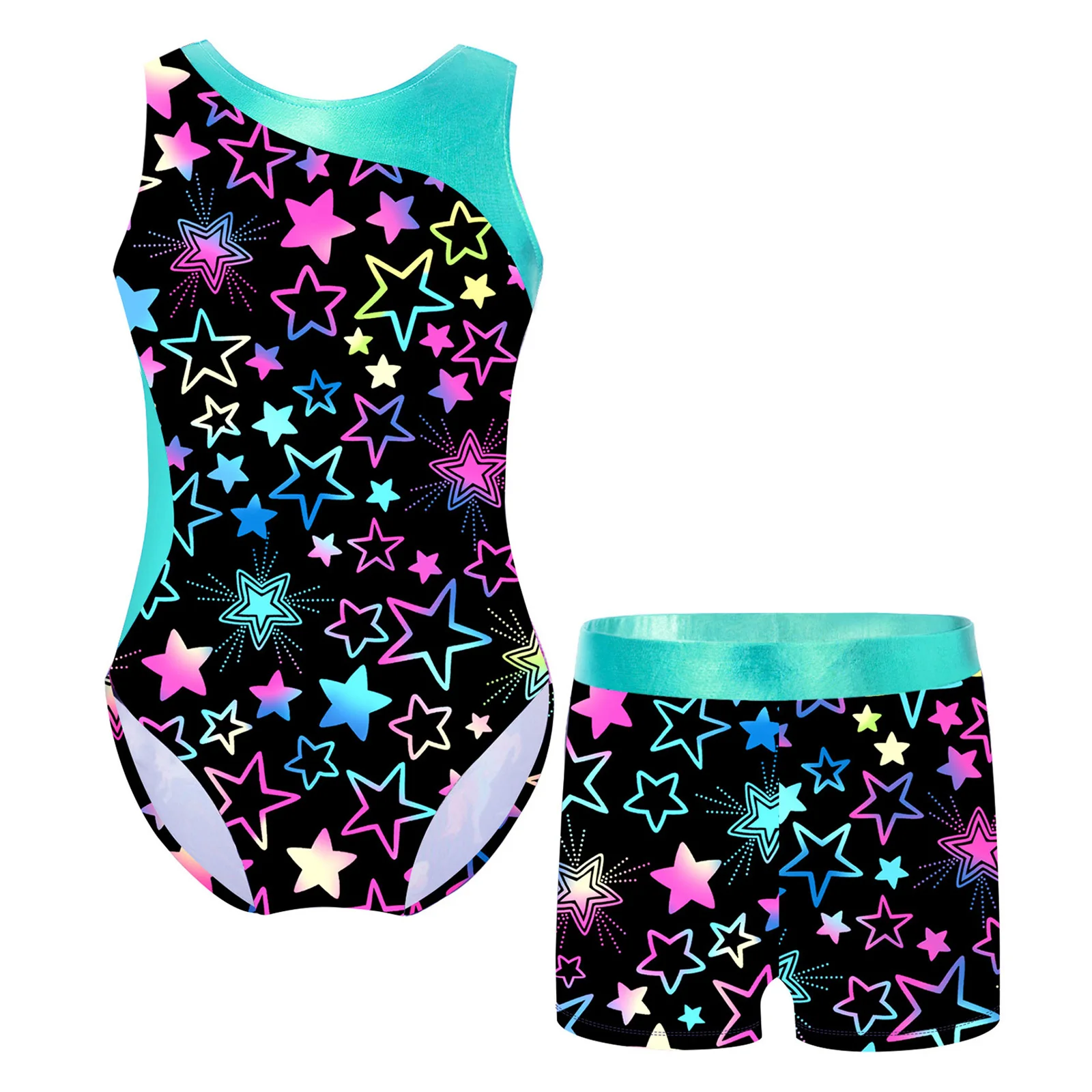 Children Girls Printed Gymnastics Leotard Ballet Dance Outfit 2 Pieces Swimwear Swimsuit Jumpsuit with Shorts Skating Bodysuit