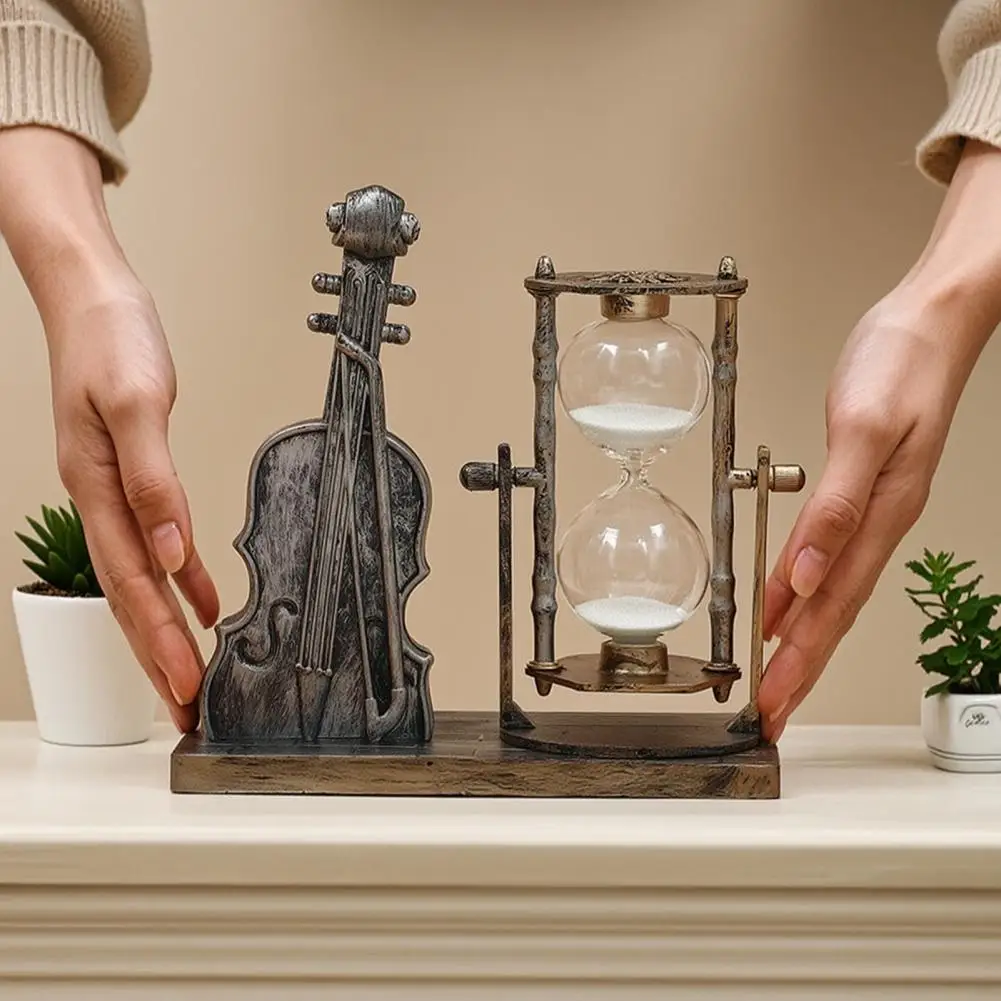 Violin Sand Hourglass Retro Bronze Silver Finish Hourglasses Reversible Calming Sand Timer Desk Ornament for Home Birthday Gift
