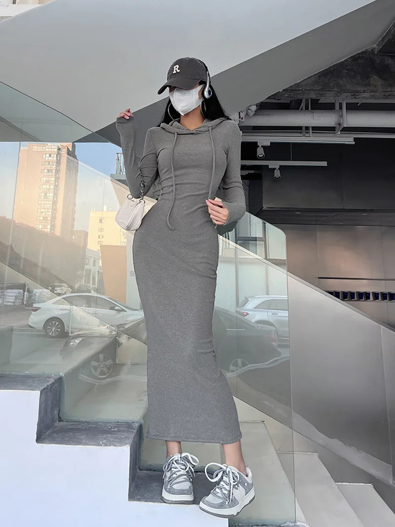 نمط الشارع فتاة حار مقنعين Bodycon فستان طويل الأكمام الرغبة النقية الخصر Cinching التخسيس التفاف حول تنورة طويلة #5