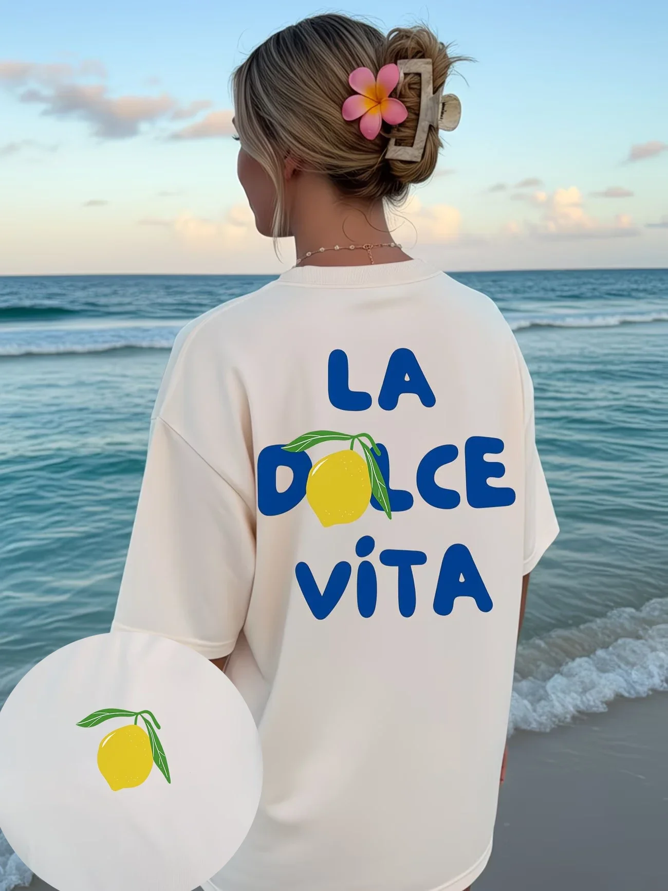 Camiseta La Dolce Vita para mujer, camiseta con estampado de limón para vacaciones de verano, camiseta informal holgada de manga corta a la moda, camiseta estética estilo streetwear