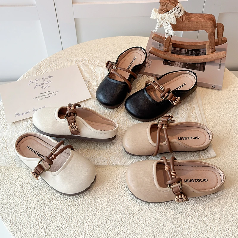 Girls Retro Mary Jane Mules Slip on Flats Shoes with Flower Soft Sole Children Casual Toes Capped Slippers Kids Summer Shoes
