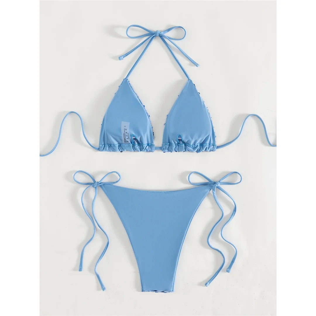 Pailletten-Bikini mit Neckholder, Damen-Badebekleidung, zweiteiliges Bikini-Set, mit Trägern, hoch geschnitten, Badeanzug, Badebekleidung, Modell V8326. – Detail 10