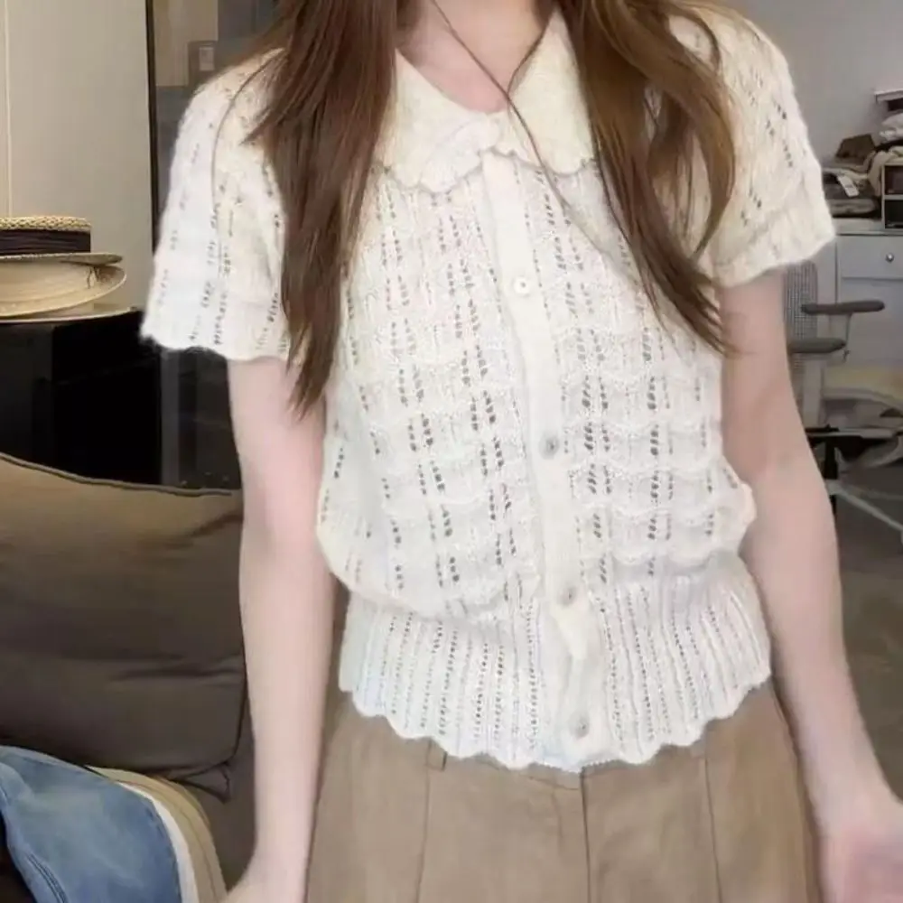 Openwork Texture Short Sleeve Knit Shirt Button Front Peter Pan Collar Cropped Knit Top Cropped Style Knit Cardigan